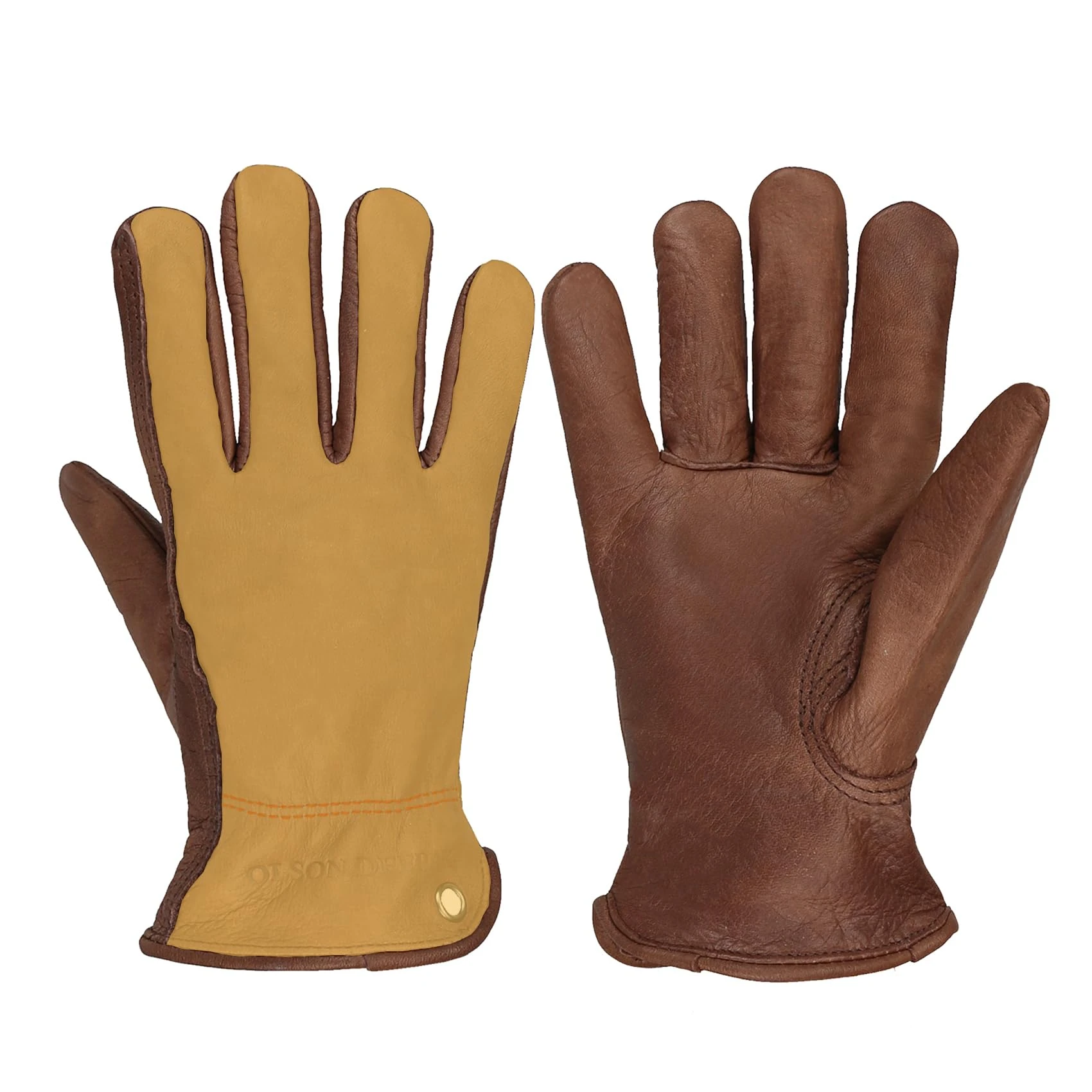 OLSON DEEPAK Cowhide Leather Gloves for Men&Women,Brown Moterbike Leather Gloves,Thorn Proof Garden Work Gloves,Outdoor Camping leather gloves (X-Large, Brown and Yellow)