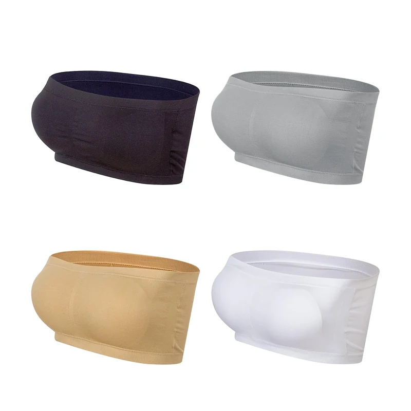 Lemef Women Seamless Bandeau Strapless Bras Stretch Tube Top Non Padded, Black&white&nude&grey, S