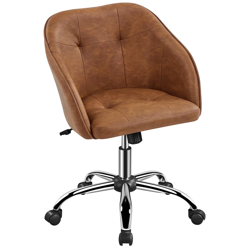 Yaheetech Faux Leather Swivel Office Desk Chair Makeup Vanity Chair Comfy Computer Height Adjustable Armchair with Armrest for Home Office, Reception, Study Retro Brown