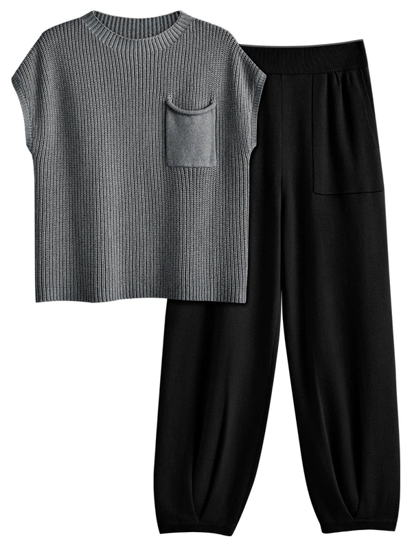 LILLUSORY 2 Piece Knit Sets For Women Trendy Sweatsuit Sets, Black&grey, S