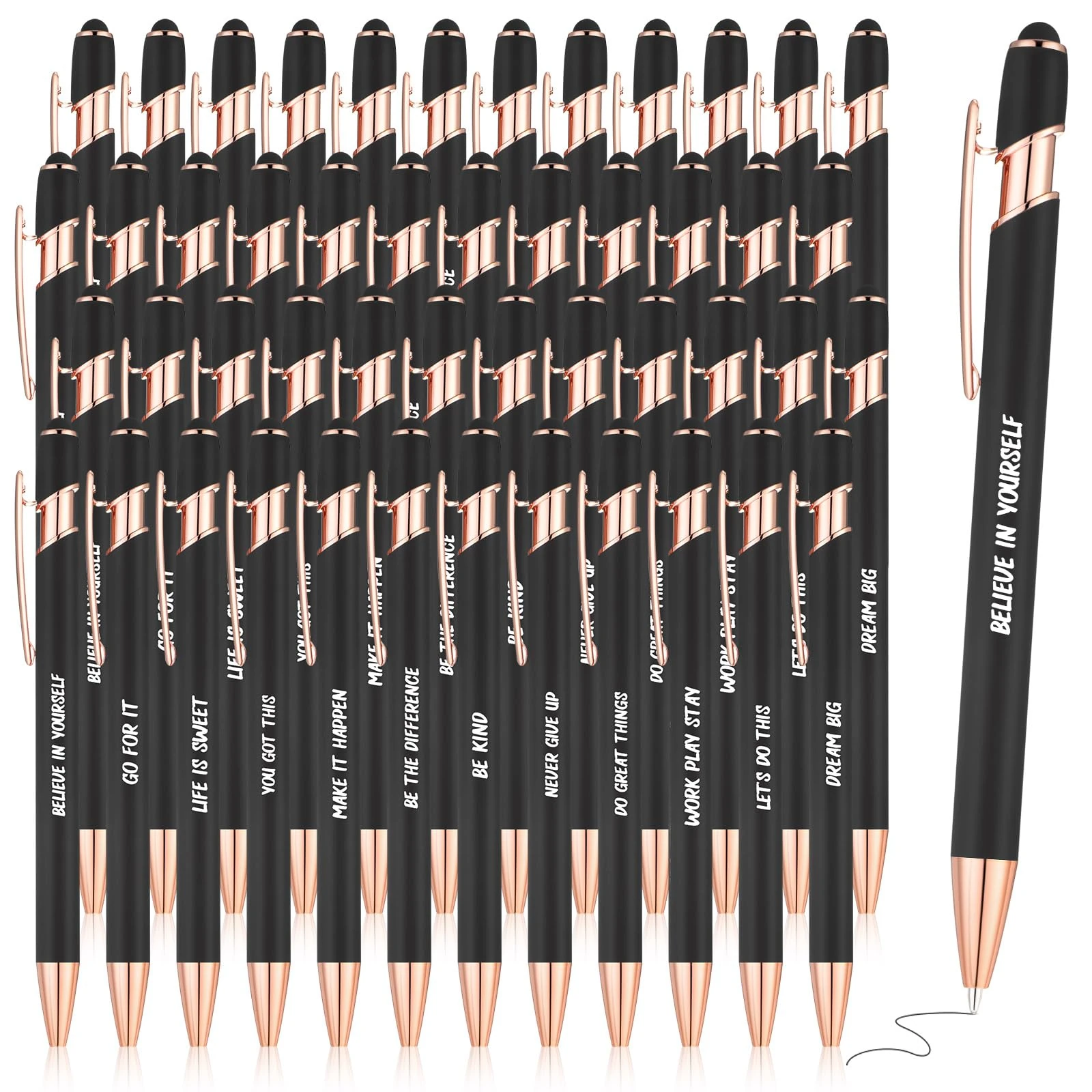 Yeaqee 48 Pcs Encouraging Messages Ballpoint Pen with Stylus Tip Retractable Quotes Pen Inspirational Pens Motivational Pens Metal Black Ink Pens for Women Men Writing Screen Office School (Black)
