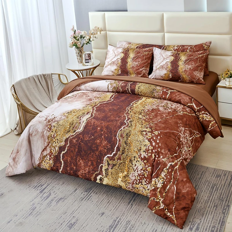 PERFEMET 6 Pcs Marble Comforter Set California King Watercolor Tie Dye Printing Bedding with Sheets Abstract Artwork Brown and Gold Bed in A Bag Complete Set(Coffee Brown, Cal King)