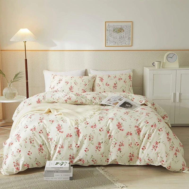 AMWAN Garden Style Pink Floral Duvet Cover Queen Chic Shabby White Pink Floral Bedding Sets 100% Cotton Botanical Comforter Cover Aesthetic Boho Bedding Collection Queen Duvet Cover Set