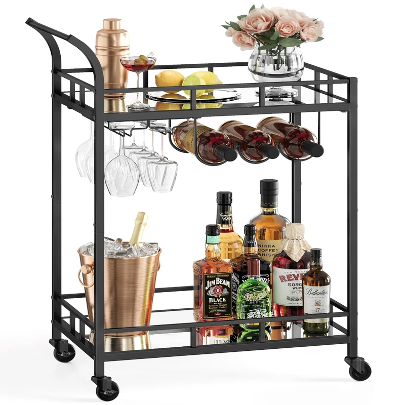 VASAGLE Drinks Trolley, Bar Cart, Serving Trolley with 2 Mirrored Shelves, Wine Holders, Glass Holders, for Home Bar, Kitchen, Dining Room, Black LRC092B62