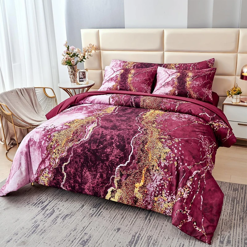 PERFEMET 6 Pcs Full Comforter Sets Burgundy Watercolor Marble Bed in A Bag Comforter Set Soft Lightweight Dark Red and Gold Bedding Quilt Set(Burgundy, Full)