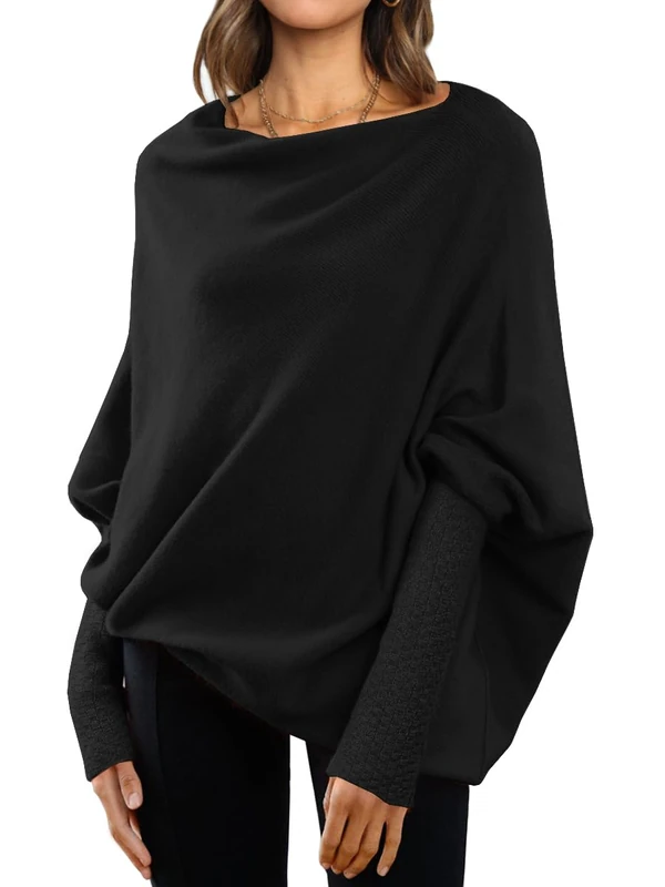 LILLUSORY Womens Batwing Oversized Sweaters Assymetrical Off The Shoulder Boat Neck Wrap Tunic Tops Fall Fashion Cloth Outfit, Black, L