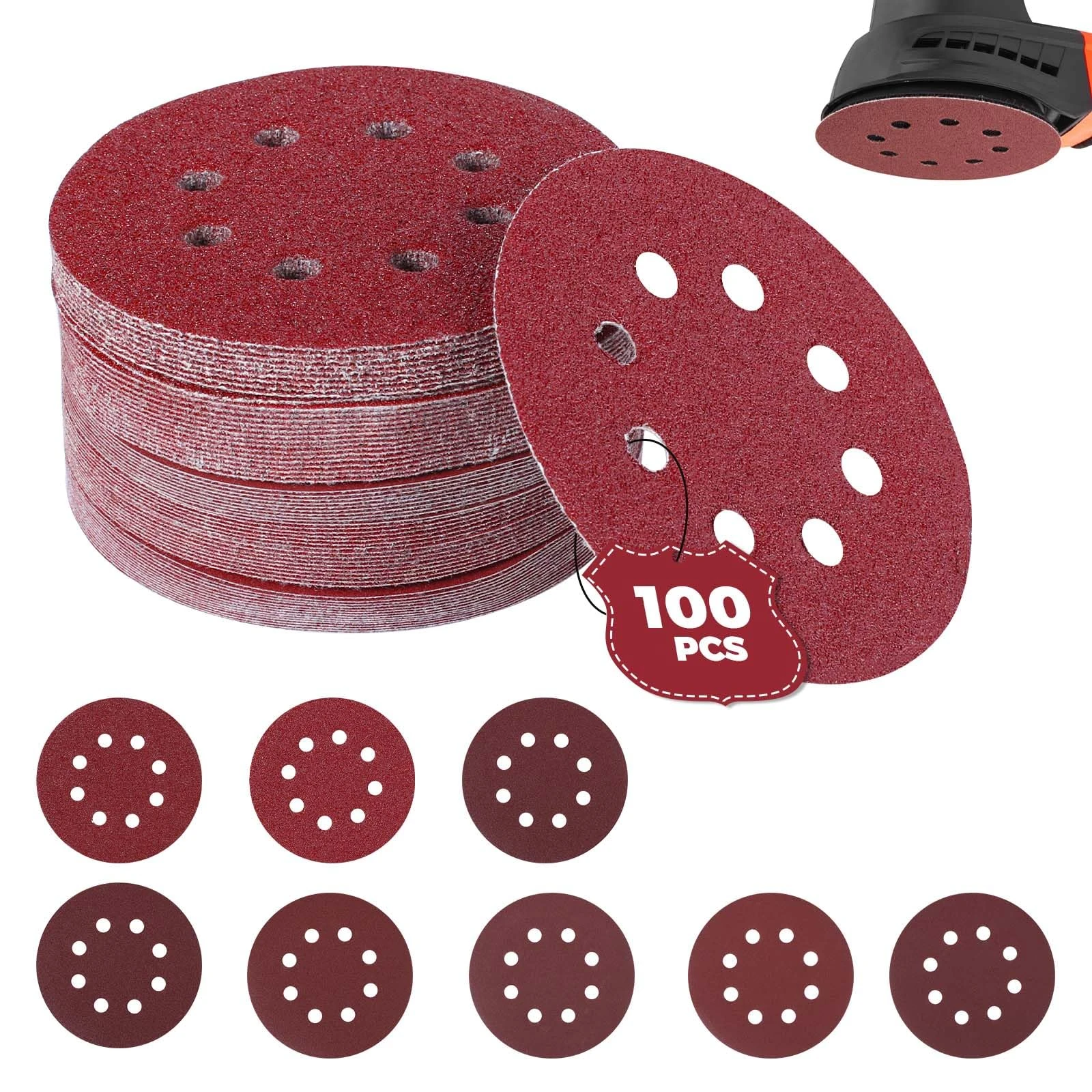 125mm Sanding Discs,100Pcs Orbital Sander Discs Hook and Loop Sanding Pads for Random Orbital Sander (100 Pieces - 40/60/80/100/120/150/180/240/320/400 Grit)