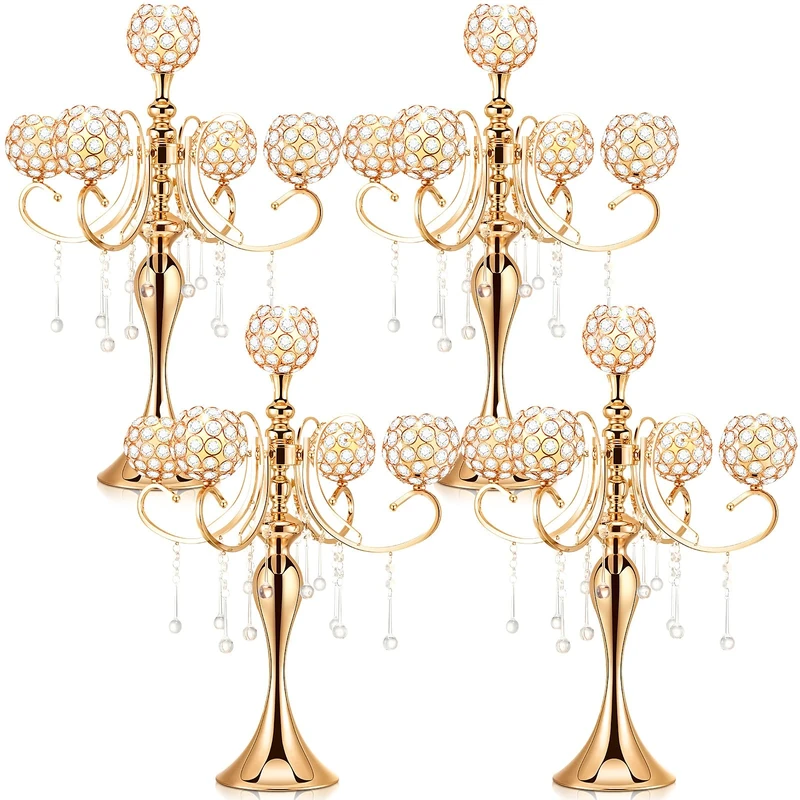 Dandat 4 Pcs 25.6'' 5 Arm Crystal Candelabra Candle Holder Centerpieces Gold Crystal Candelabra Centerpieces Candle Holders Candlestick Formal Party Decorations for Tables Wedding Party Dinner