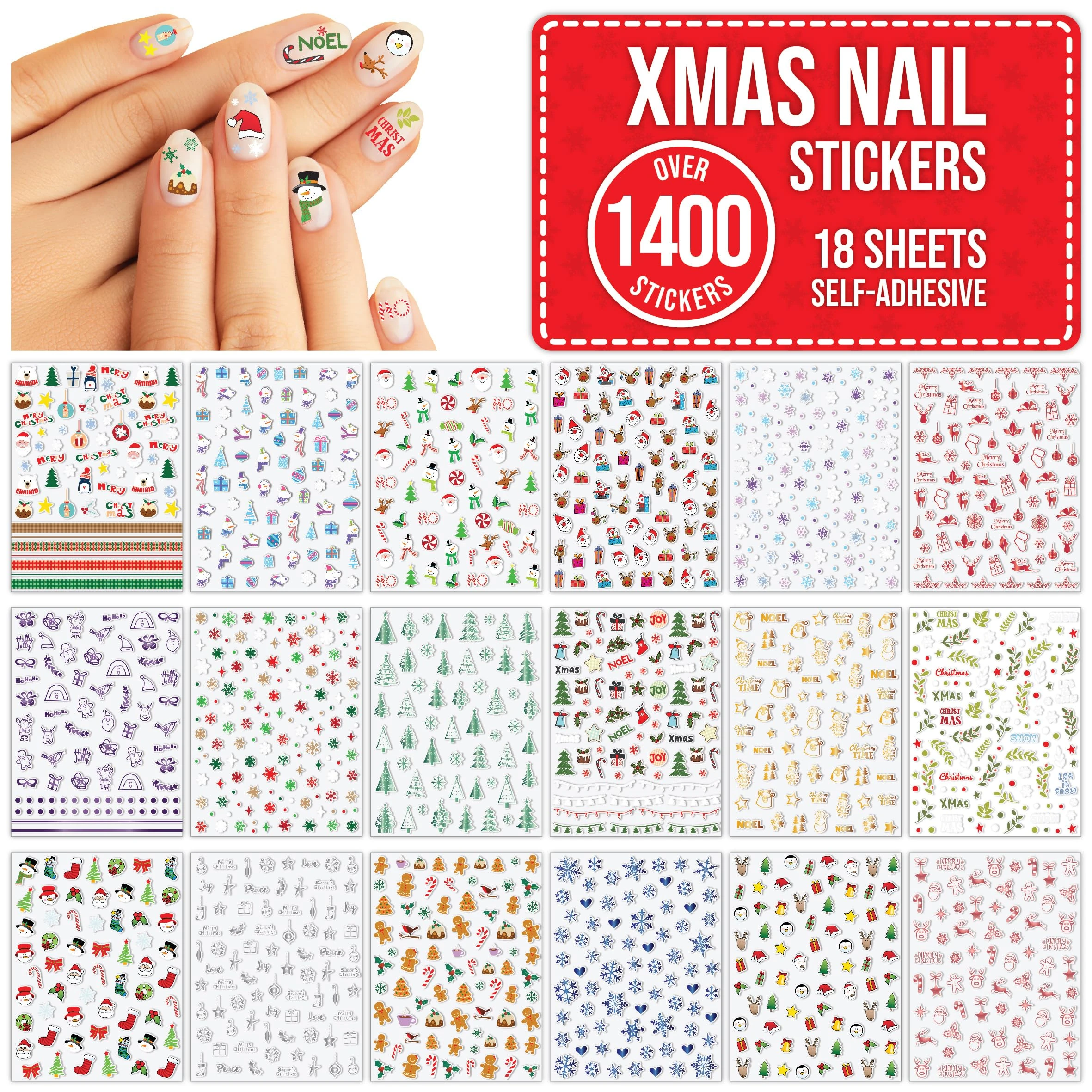 Christmas Nail Stickers Over 1400 for Children, Kids, Adults - 18 Sheets Self Adhesive Xmas Nail Art Decal Decoration Accessories - Gold, Silver Foil, Snowflake, Reindeer, Santa