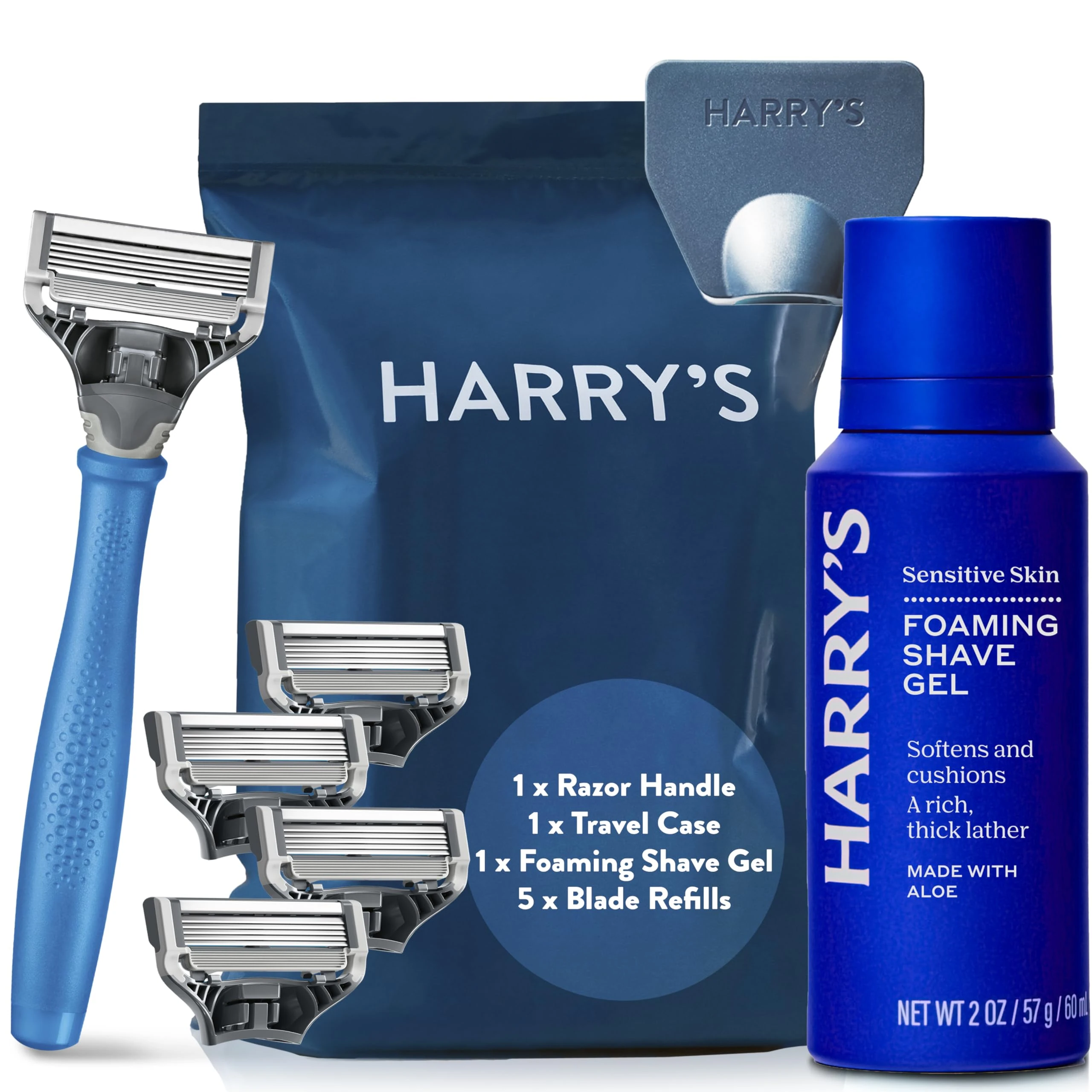 Harry's Razors for Men - Men's Razor Set with Indigo Blue Handle, 5 Razor Blade Refills, Travel Blade Cover, 60ml Shave Gel
