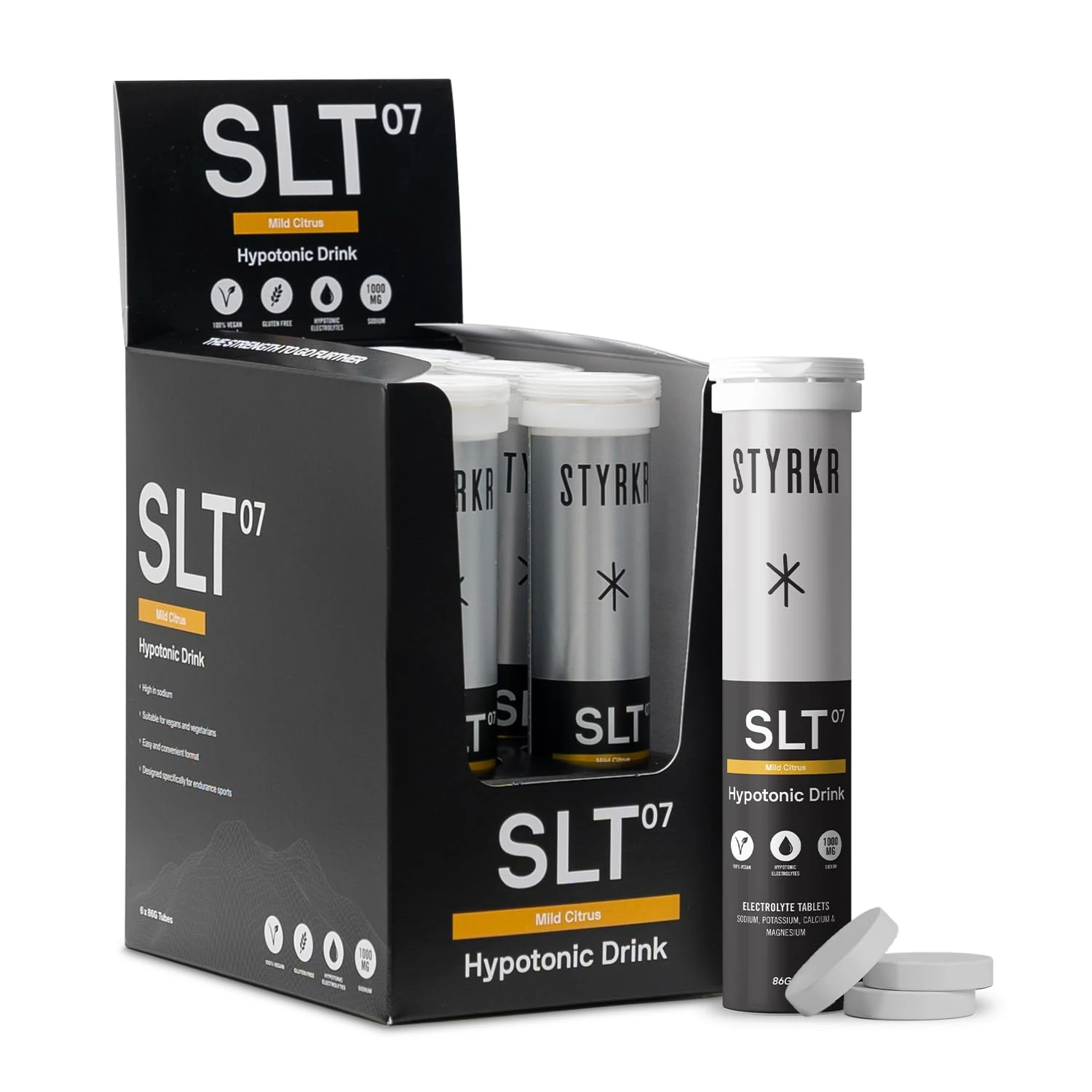 Electrolytes Tablets by Styrkr - Citrus - 6X Pack of 12 Hydration Tablets - 1000mg per Serving - 4X Higher Salts - Used by Endurance Athletes - Advanced Quad-Blend Formulation - SLT07 12x per Tube