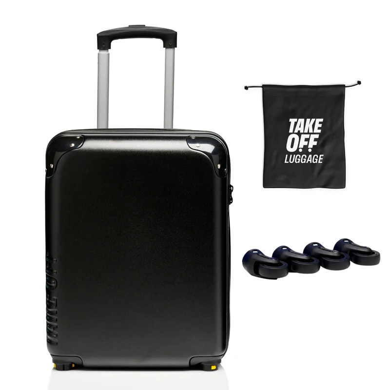 Take OFF Luggage 18 Inch Personal Item Removable Wheels Suitcase 2.0 Converts from Carry On Into Under The Seat Luggage and Fits Into Airline Personal Item Sizer, Black, 18 inch - 2.0, Hardside
