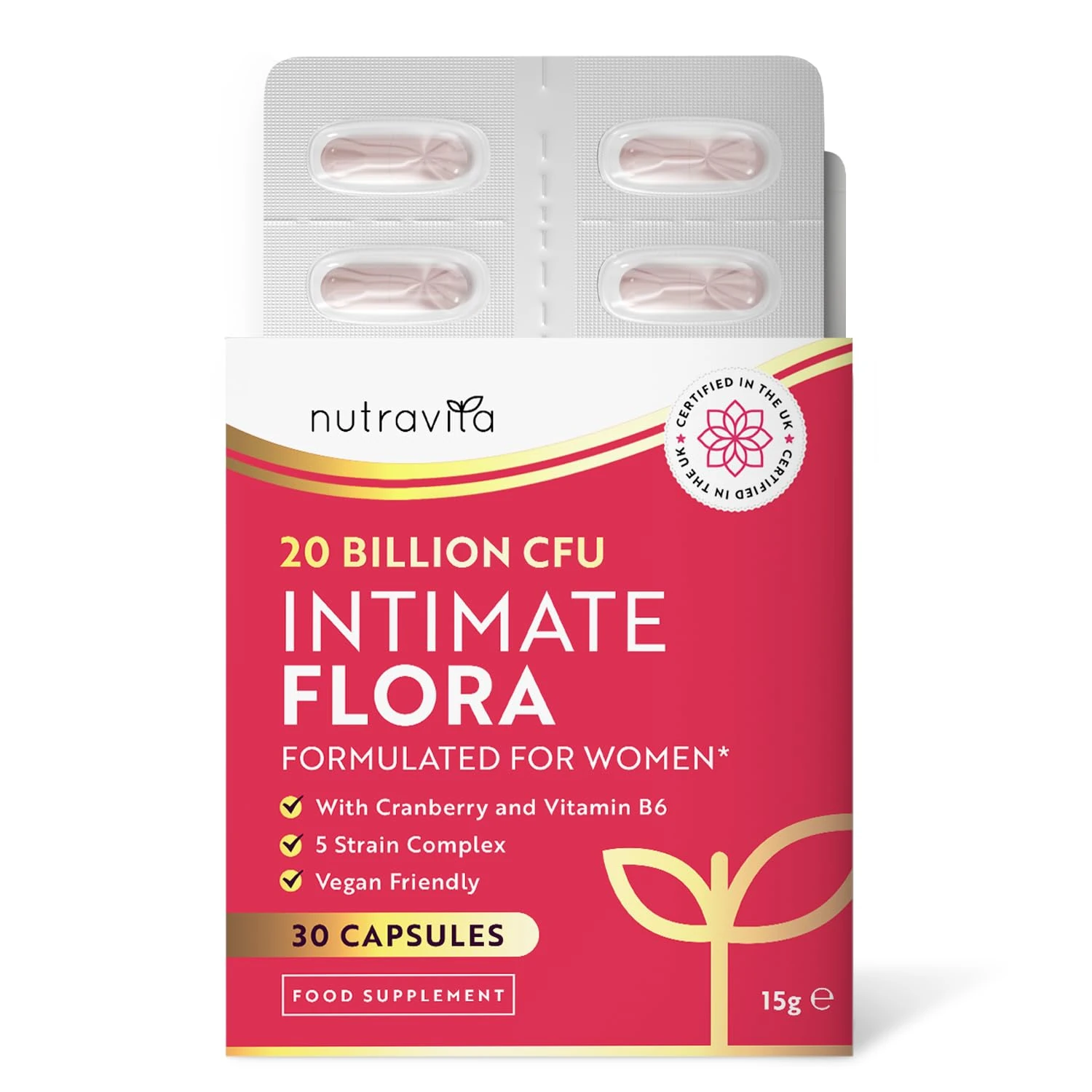 Probiotics for Women - Formulated Bio Cultures for Women’s Intimate Flora - 20 Billion CFU with 5 Live Strains and Vitamin B6 and Cranberry to Support Female Health - 30 Capsules - Nutravita