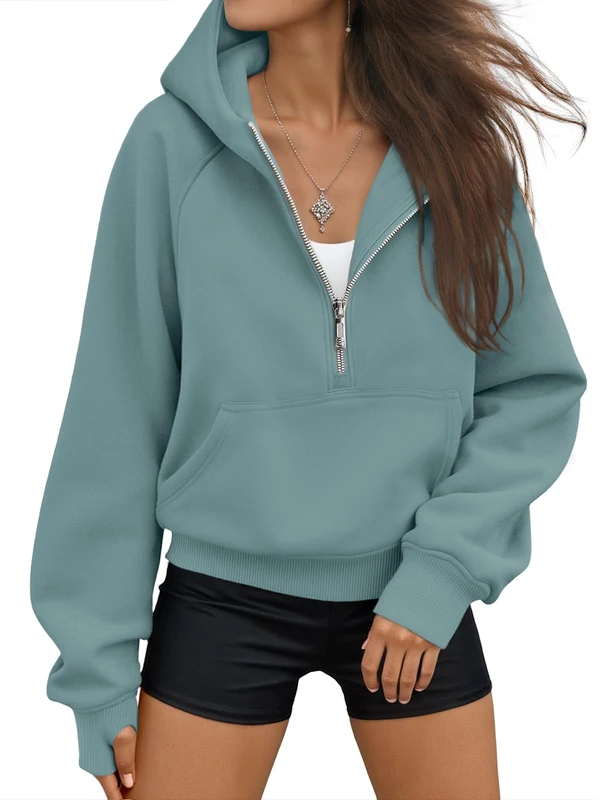 AUTOMET Half Zip Sweatshirts Cropped Hoodies Fleece Womens Quarter Zip Up Pullover Sweaters Fall Outfits 2023 Winter Clothes, Green, S