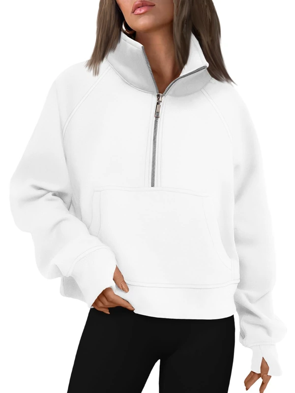 AUTOMET Womens Sweatshirts Half Zip Cropped Pullover Fleece Quarter Zipper Hoodies 2024 Fall Fashion Outfits Clothes, White, Large