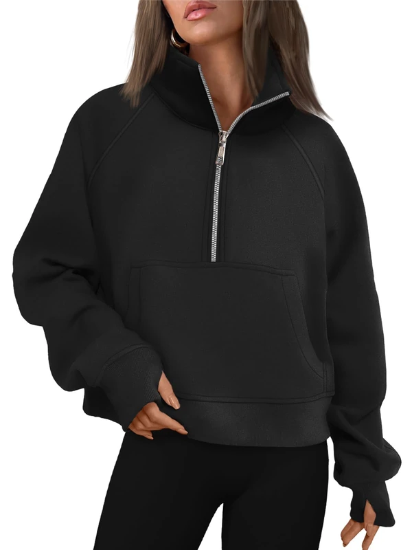 AUTOMET Womens Sweatshirts Half Zip Cropped Pullover Fleece Quarter Zipper Hoodies 2024 Fall Fashion Outfits Clothes, Black, Medium