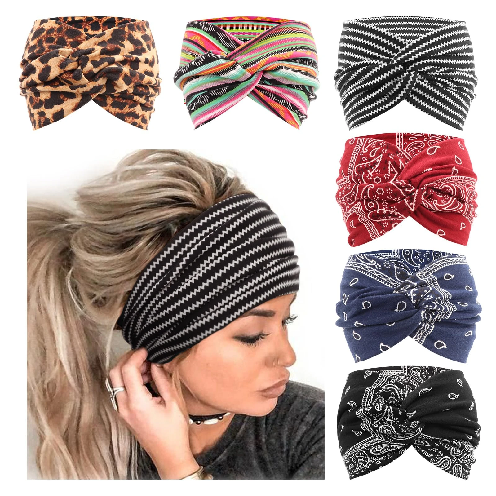 DRESHOW 6 Pack Wide Headbands for Women Extra Large Turban Headband Boho Head Wrap Elastic Hairbands Hair Twisted Knot Hair Accessories