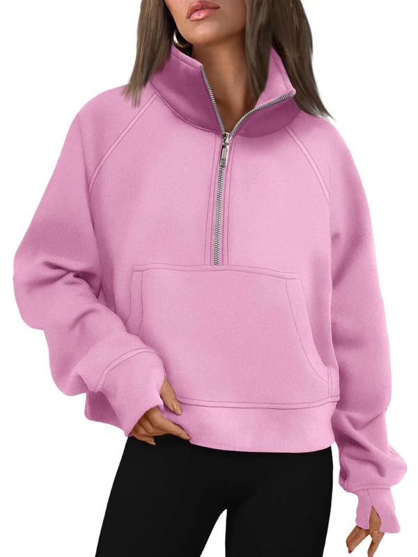 AUTOMET Womens Sweatshirts Half Zip Cropped Pullover Fleece Quarter Zipper Hoodies 2025 Fall Fashion Outfits Clothes, Pink, Medium