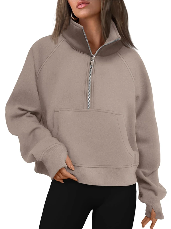 AUTOMET Womens Sweatshirts Half Zip Cropped Pullover Fleece Quarter Zipper Hoodies Fall outfits Clothes Thumb Hole, Coffeegrey, Medium