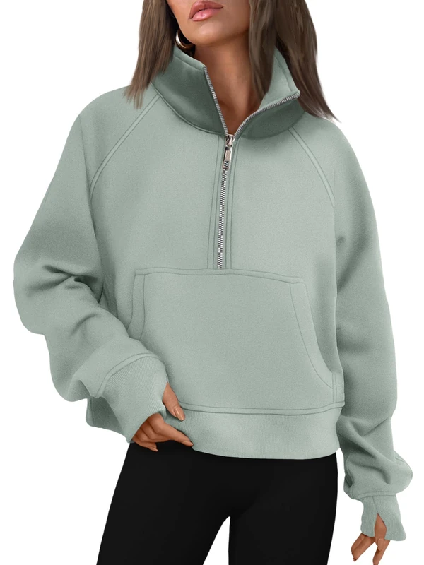 AUTOMET Womens Sweatshirts Half Zip Cropped Pullover Fleece Quarter Zipper Hoodies 2024 Fall Fashion Outfits Clothes, Greygreen, Medium