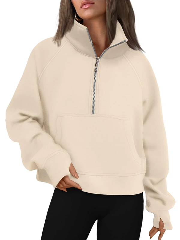 AUTOMET Womens Sweatshirts Half Zip Cropped Pullover Fleece Quarter Zipper Hoodies 2024 Fall Fashion Outfits Clothes, Apricot, Medium