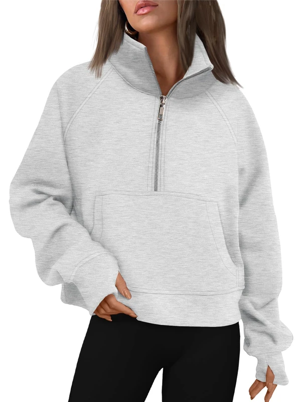 AUTOMET Womens Sweatshirts Half Zip Cropped Pullover Fleece Quarter Zipper Hoodies 2025 Fall Fashion Outfits Clothes, Grey, XL