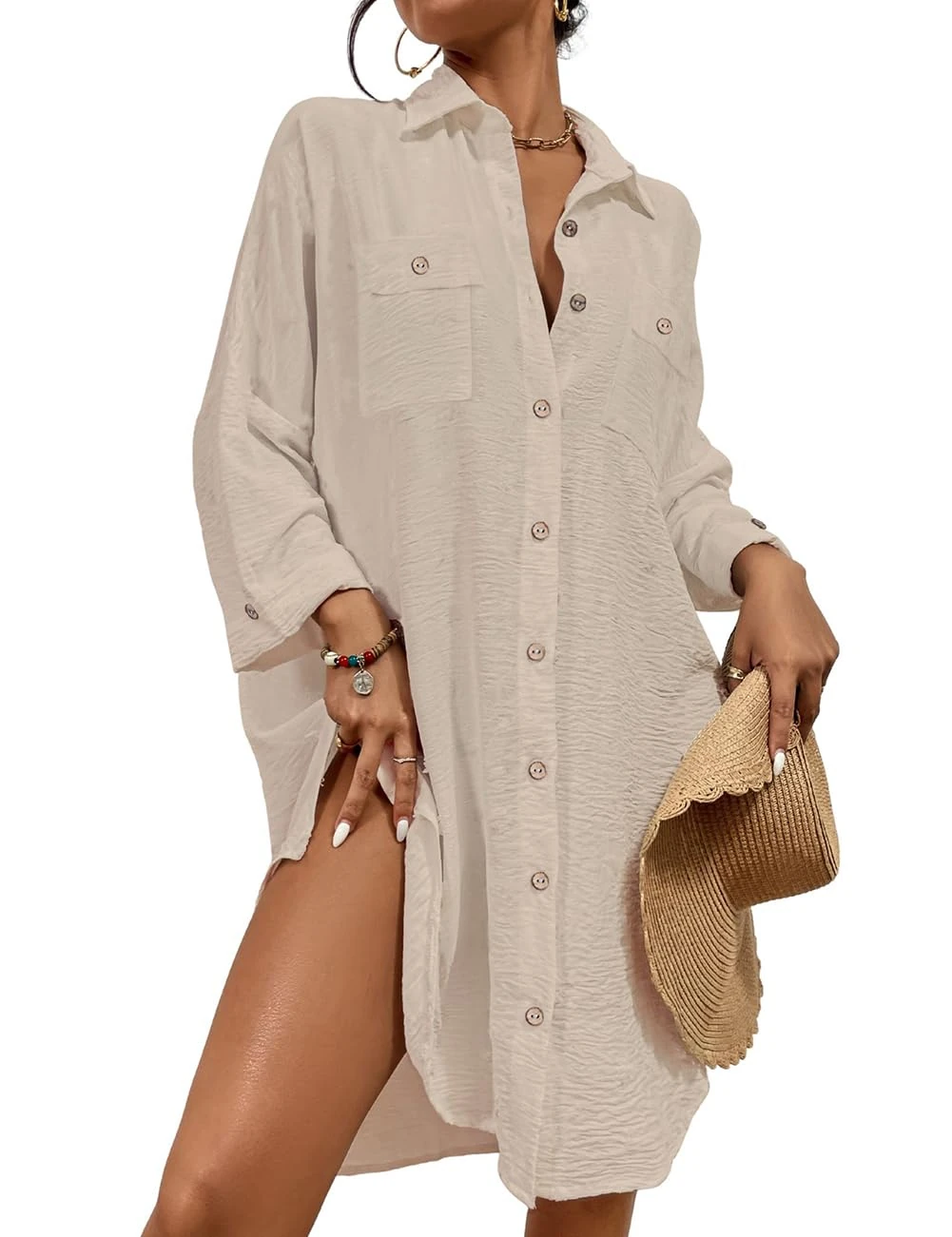 Bsubseach Modern Swimsuit Coverups for Women Button Down Beach Shirt Dress Tops Resort Wear Apricot L