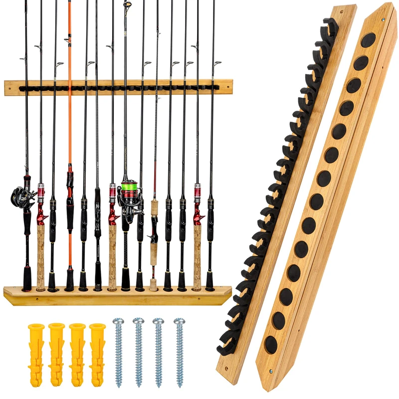 THKFISH Fishing Rod Racks Fishing Rod Holders for Garage Wood Fishing Pole Wall Rack Store 14 Fishing Rod Combos,1 Pair