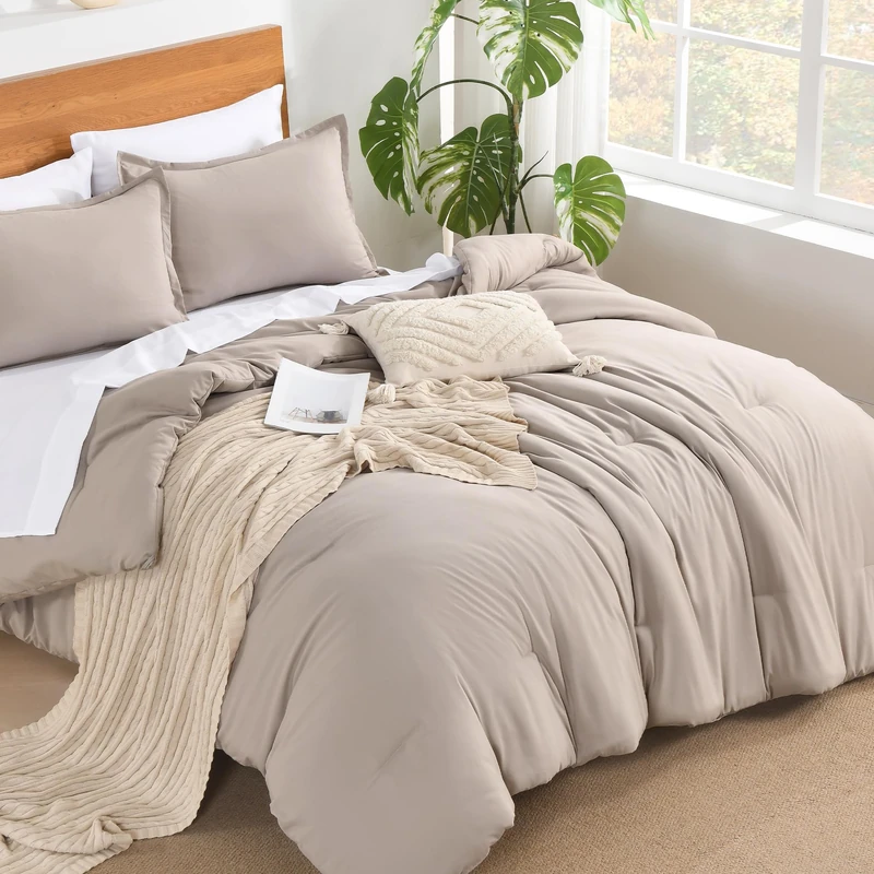 Andency King Size Comforter Set - 7 Pieces Bed in a Bag King Bedding Comforter Sets Oatmeal, Winter Solid Soft Lightweight Comforter with Fitted Sheets, Flat Sheets, Pillowcases & Shams