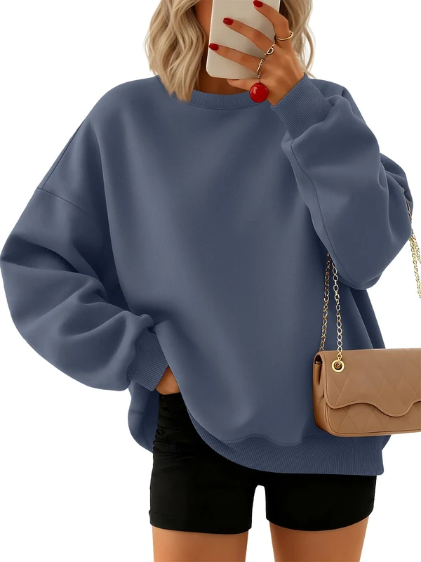 Trendy Queen Sweatshirts for Women Hoodies Oversized Crewneck Tops Sweaters Comfy Fall Winter Outfits Clothes 2025 Fashion, Greyblue, S