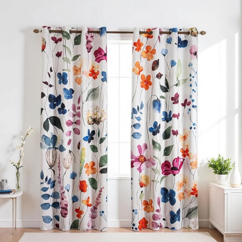 100% Blackout Floral Curtains 63 Inch Long 2 Panel 42x63, Modern Watercolor Wildflower Multicolor Flowers Plant Printing Black Out Curtain Thermal Insulated Window Drapes for Bedroom Living Room Decor