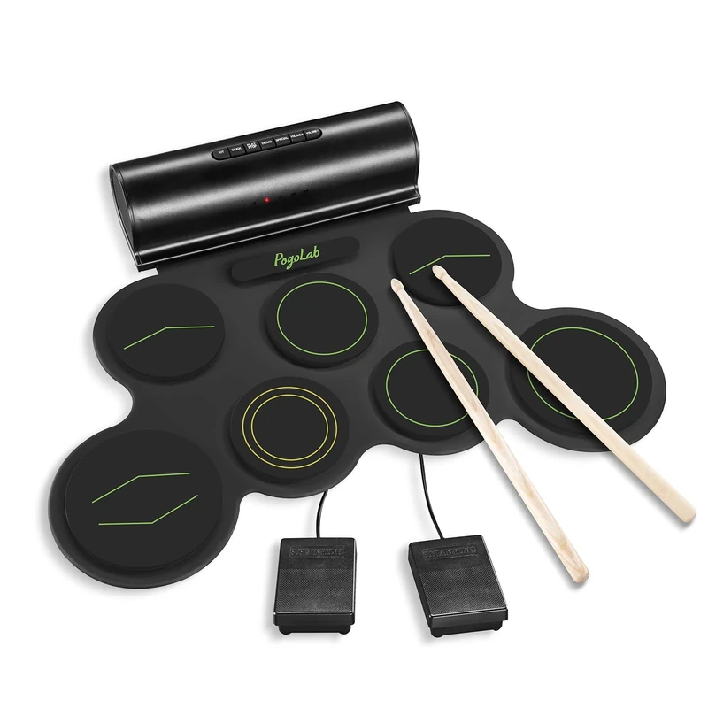 POGOLAB Roll up Drum Mat, 7 Pads Electric Drum Kit, Portable Digital Drum Practice Pad with Dual Stereo Speakers/Drumsticks/Earphone Slot, 10 Hour runtime, Christmas Birthday Gift for Beginner