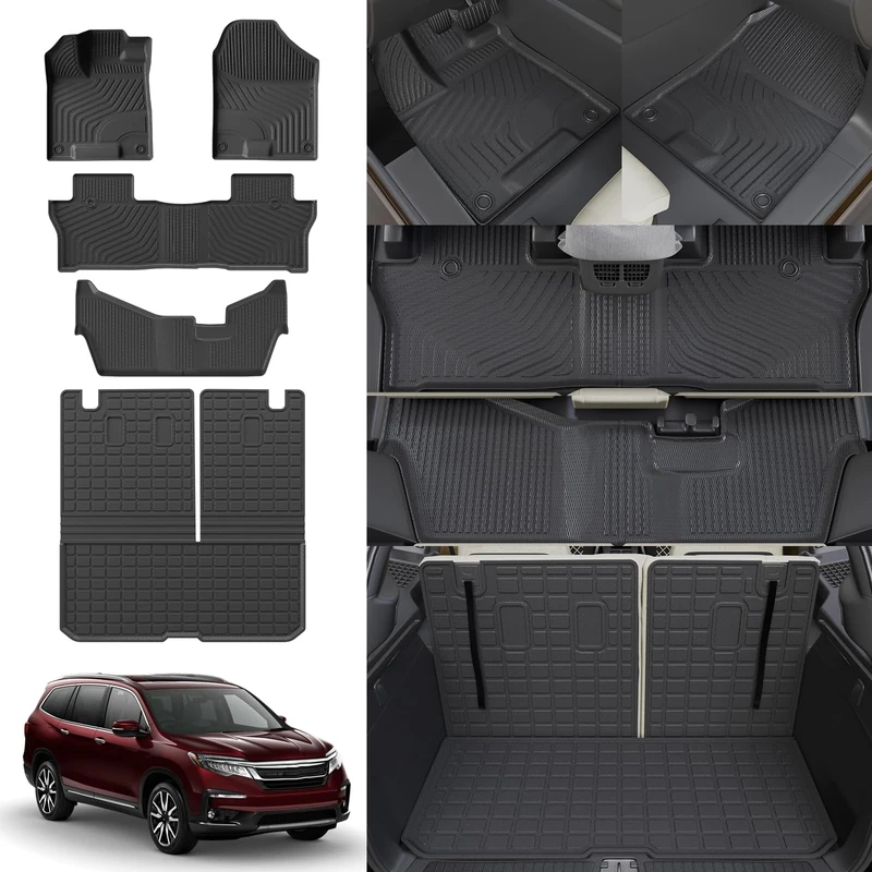 Thinzyou Floor Mats Compatible with 2016-2022 Honda Pilot Trunk Mat Cargo Liner TPE All Weather Back Seat Cover Protector 2022 Pilot 8 Seat Accessories (Trunk Mat with Backrest Mats+Floor Mats)