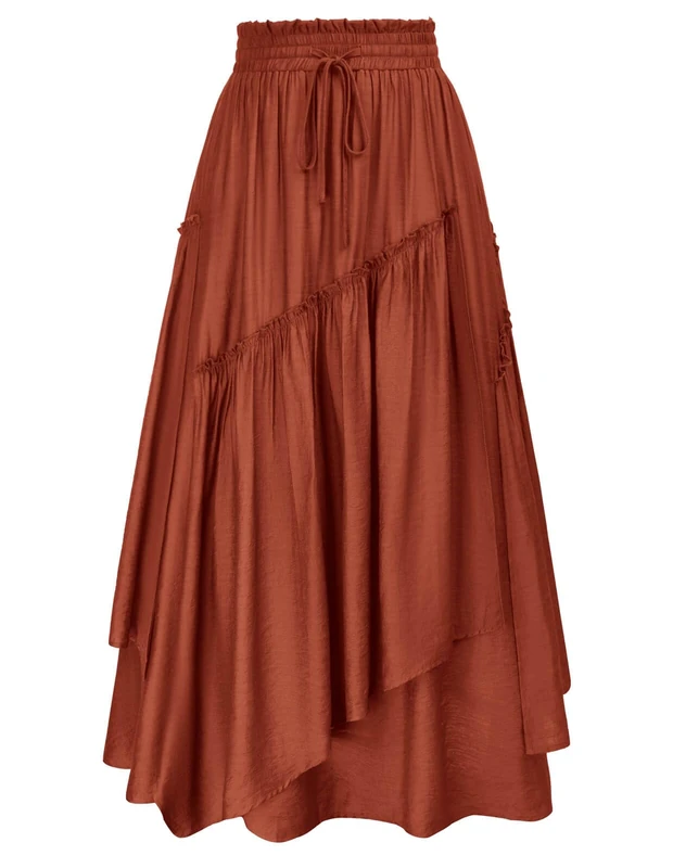 SCARLET DARKNESS Women Renaissance Layered Long Skirt Elastic High Waist Tiered Skirt with Pockets, Rust, L