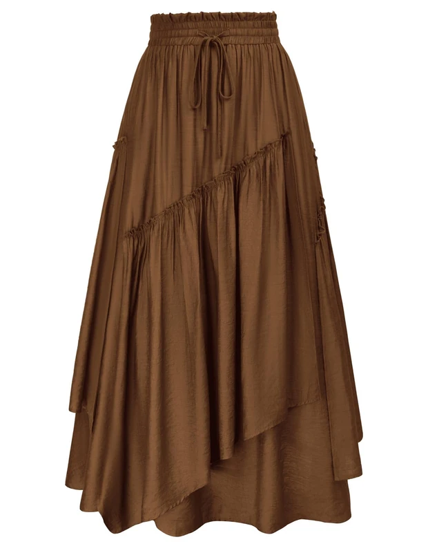 Scarlet Darkness Women Renaissance Layered Long Skirt Elastic High Waist Tiered Skirt with Pockets, Brown, M