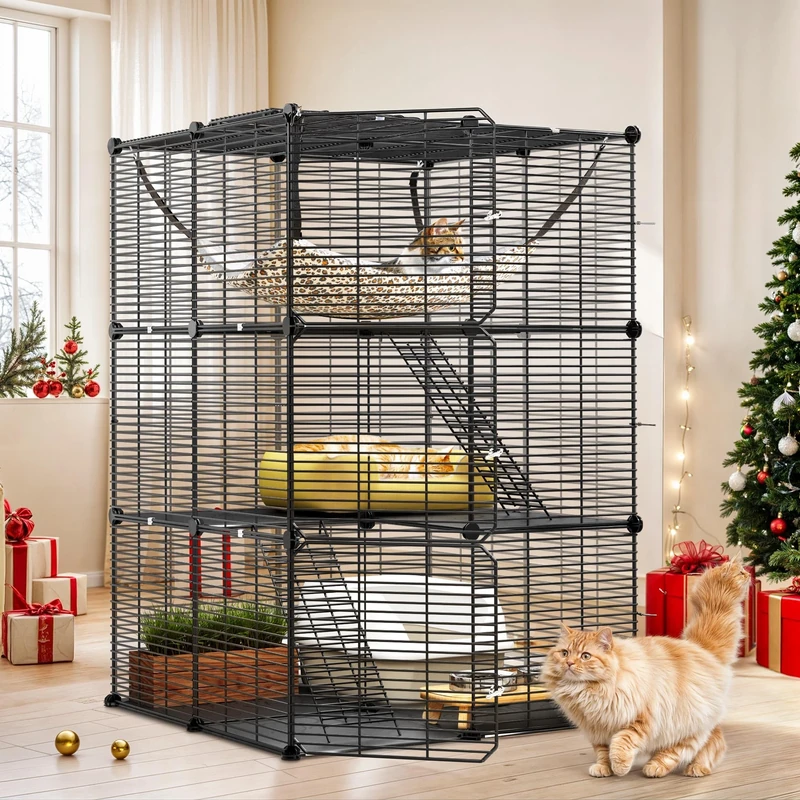 YITAHOME Cat Cage 3-Tiers DIY Cat Playpen with Metal Wire Dense, 71x71x104 cm Indoor Cat Enclosures with Extra Large Hammock for 1-2 Ferret, Chinchilla, Rabbit, Small Animals, Black
