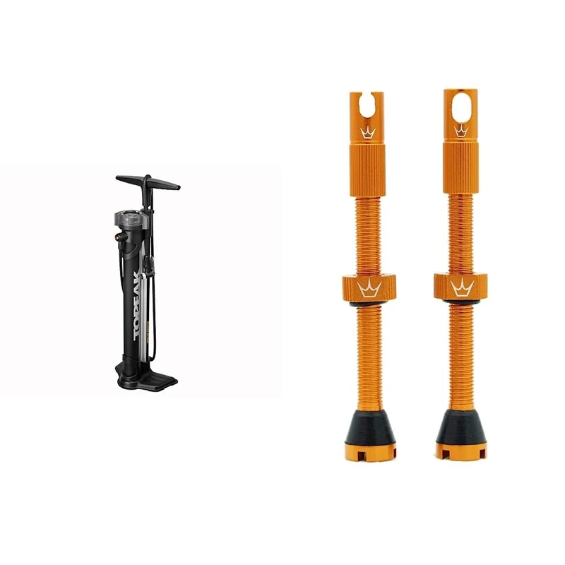 Topeak JoeBlow Booster, Black & Peaty's X Chris King MK2 Tubeless Valves Presta - Integrated Spoke Key & Valve Core Removal Caps, Mango