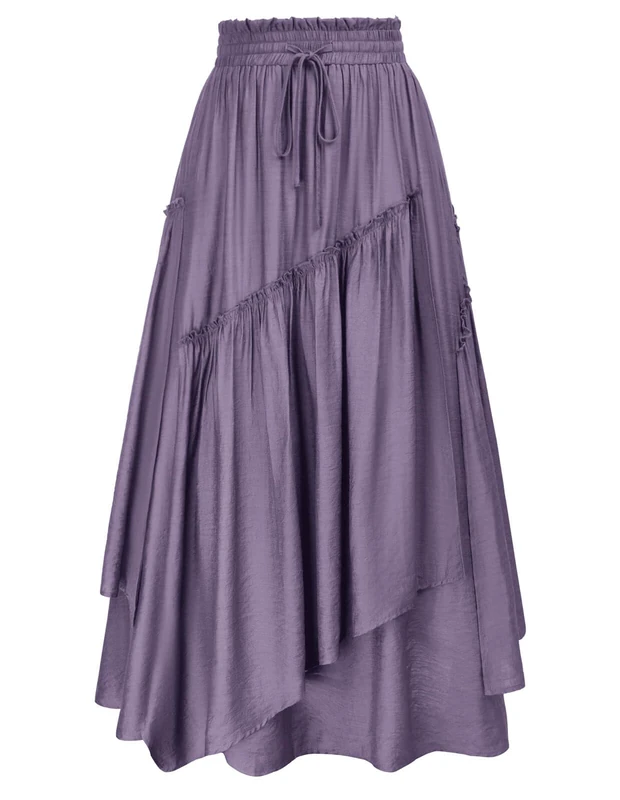 SCARLET DARKNESS Women Renaissance Layered Long Skirt Elastic High Waist Tiered Skirt with Pockets, Purple, L