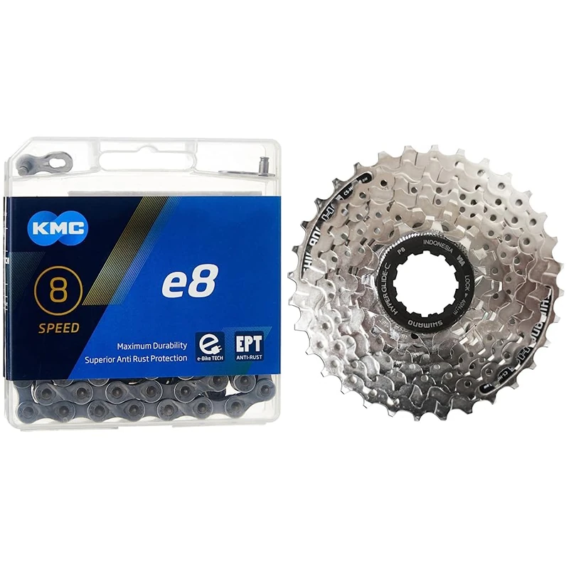 KMC Unisex's E8 EPT 8 Speed Chain, Dark Silver, 122 Links & Shimano Acera CSHG418134 Speed Cassette - Silver, 11-34 Teeth