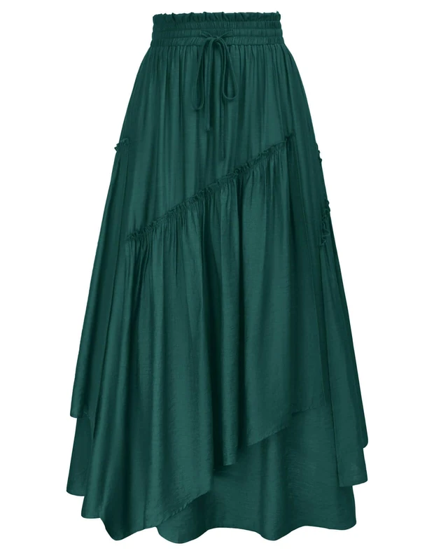 SCARLET DARKNESS Women Renaissance Layered Long Skirt Elastic High Waist Tiered Skirt with Pockets, Deep Green, M
