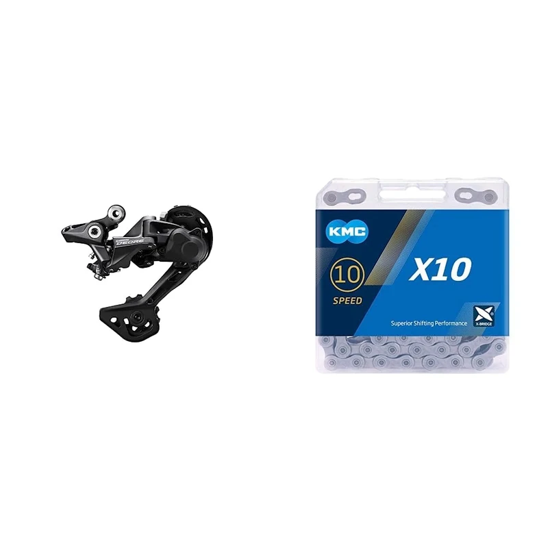 SHIMANO,ERDM5120SGS Deore Deore M5120 rear derailleur, 10/11-speed, Shadow+, SGS long cage, Black & KMC Unisex's X10 Chain, Grey, 114 Link