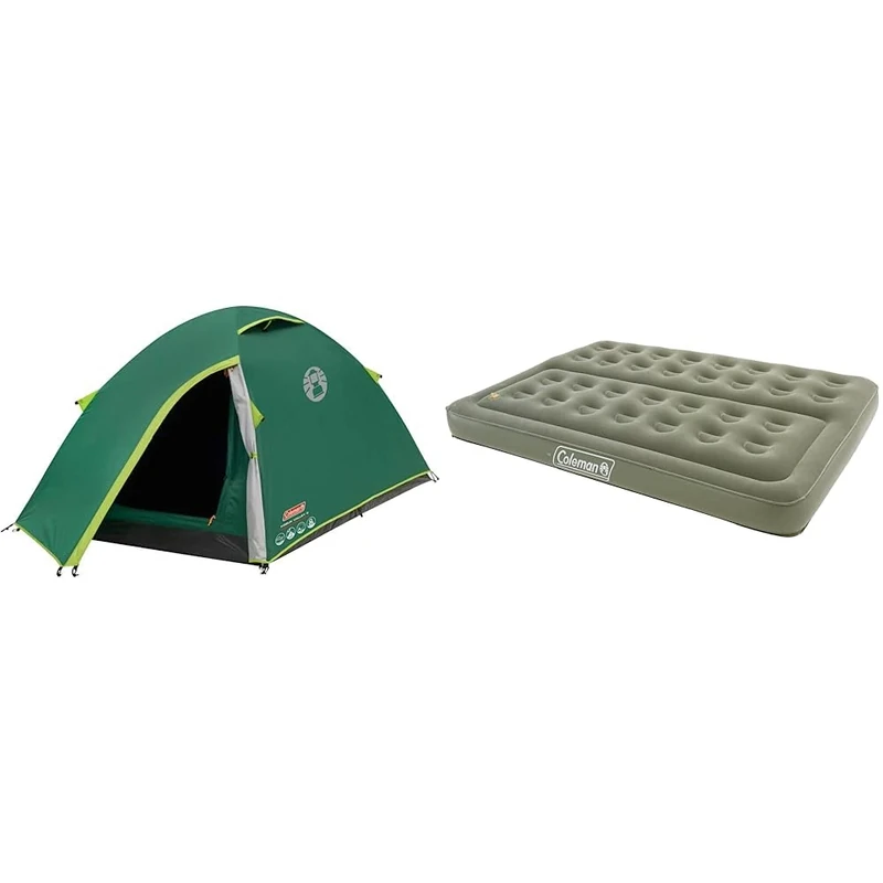 Coleman Kobuk Valley 2 Person Igloo Festival Tent & Comfort Double Flocked Surface Inflatable Camp Air Bed - Green, 188 x 137 x 22 cm