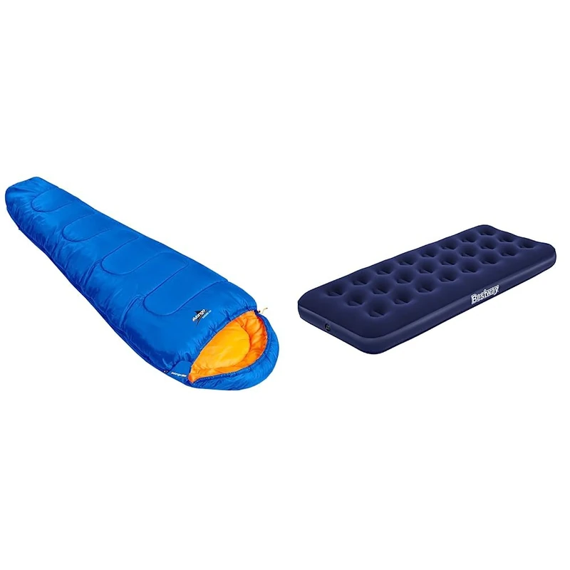 Vango Saturn 250 Sleeping Bag - Atlantic Blue [Amazon Exclusive],Single & Bestway Pavillo Single Size Air Bed | Inflatable Outdoor, Indoor Airbed for Camping, Quick Inflation Air Mattress, Blue