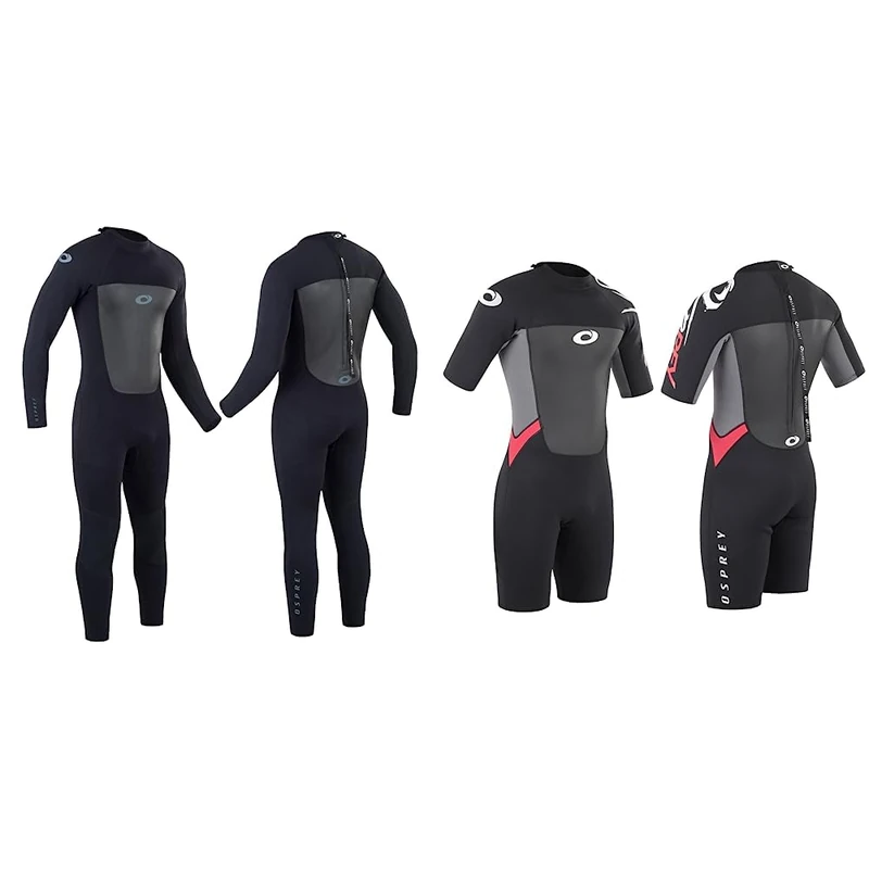 Osprey Men's 3mm Full Length Black Winter Wetsuit & Shorty Summer 3mm Short Sleeve Black/Red Neoprene Surfing Diving Suit, L