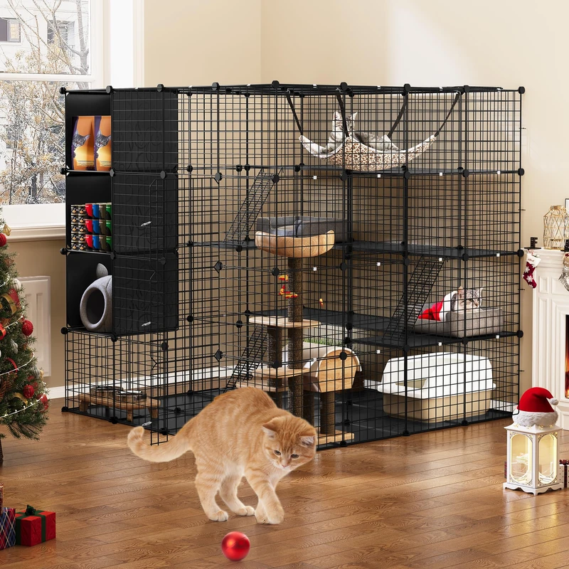 YITAHOME Large Cat Cage with Storage Cube, DIY Indoor Catio Enclosure Metal Playpen with Hammock for Multiple Pets, 4-Tiers Black Cat Kennel, 140 x 140 x 140cm