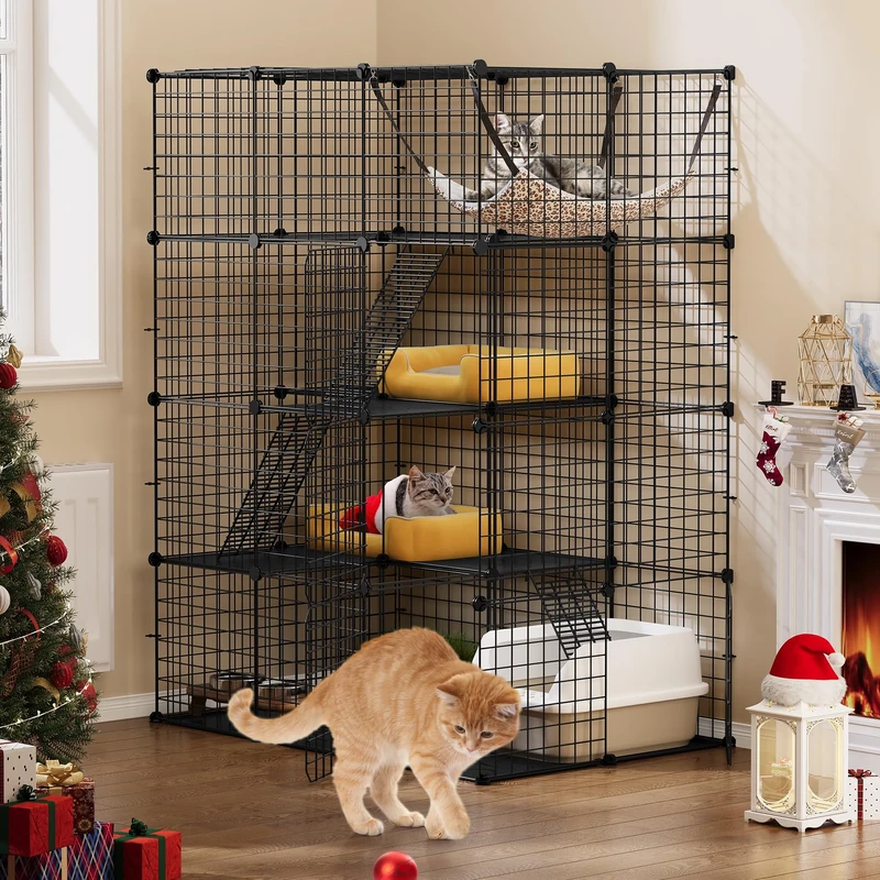 YITAHOME Large Cat Cage Indoor, Enclosure Metal Wire 4-Tiers Cat Kennels with 4 Doors, 3 Ladders DIY Cat Playpen with Large Hammock, Animals Cages for for 1-3 Cats Bunny Chinchilla Black 104x72x140 cm