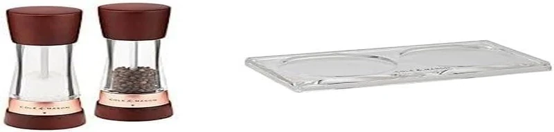 Bundle of Cole & Mason Derwent Chestnut Rose Gold Salt And Pepper Mills, Adjustable Grind, Stained Beech/Acrylic, 190mm + Cole & Mason Ramsgate Clear Salt and Pepper Mill Tray, Acrylic