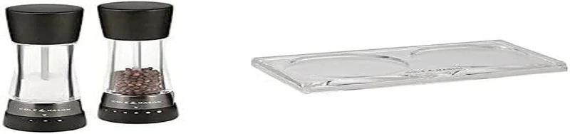 Bundle of Cole & Mason Derwent Black Wood Salt and Pepper Mills, Adjustable Grind, Stained Beech/Acrylic, 190mm + Cole & Mason Ramsgate Clear Salt and Pepper Mill Tray, Acrylic