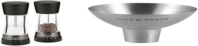 Bundle of Cole & Mason Derwent Black Wood Salt and Pepper Mills, Adjustable Grind, Stained Beech/Acrylic, 190mm + Cole & Mason Dover Stainless Steel Funnel, Salt & Pepper Refill Tool