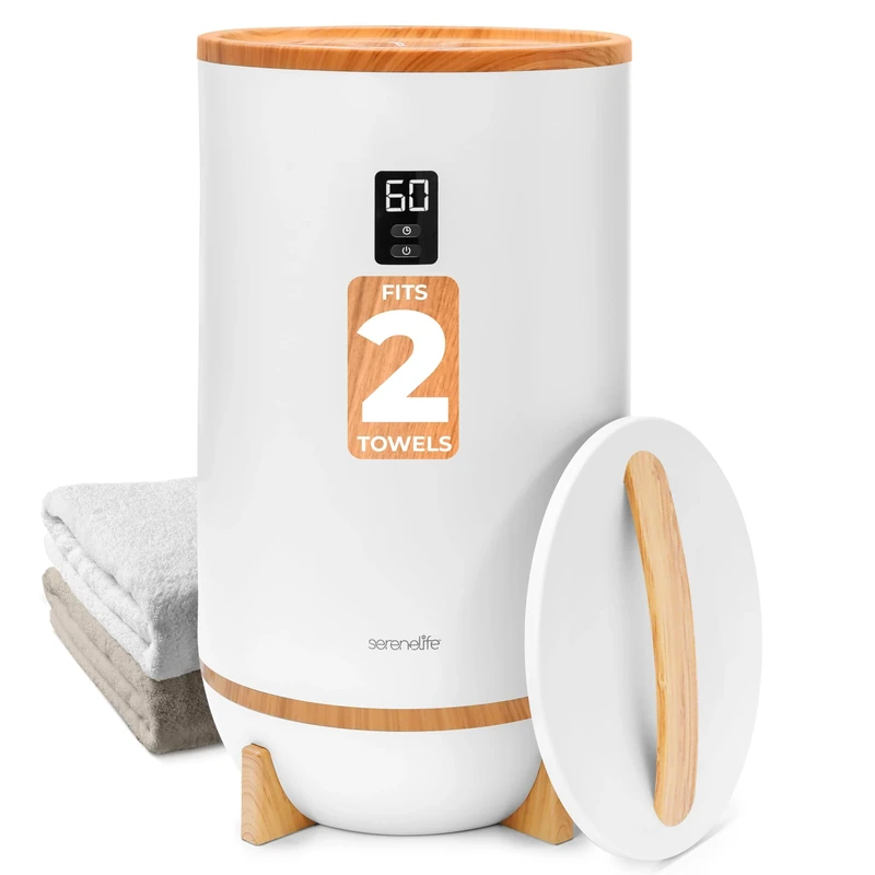 SereneLife Hot Towel Warmer Bucket w/ Customized Fragrance for Bathroom and Spa, Luxury Towel Heater Gift for Him or Her, Auto Shut Off, LED Display, Fits 2 Large Towels, Blankets, Bathrobes - Bamboo